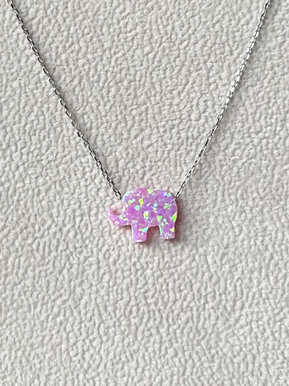 N038 | Lab Created Pink Opal Elephant Necklace in Silver